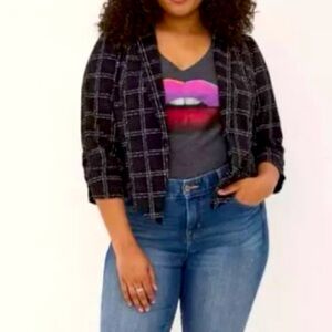 Torrid 1 (1X) Crepe Plaid Black Purple Blazer Lined Crop Ruched 3/4 Sleeves NWT
